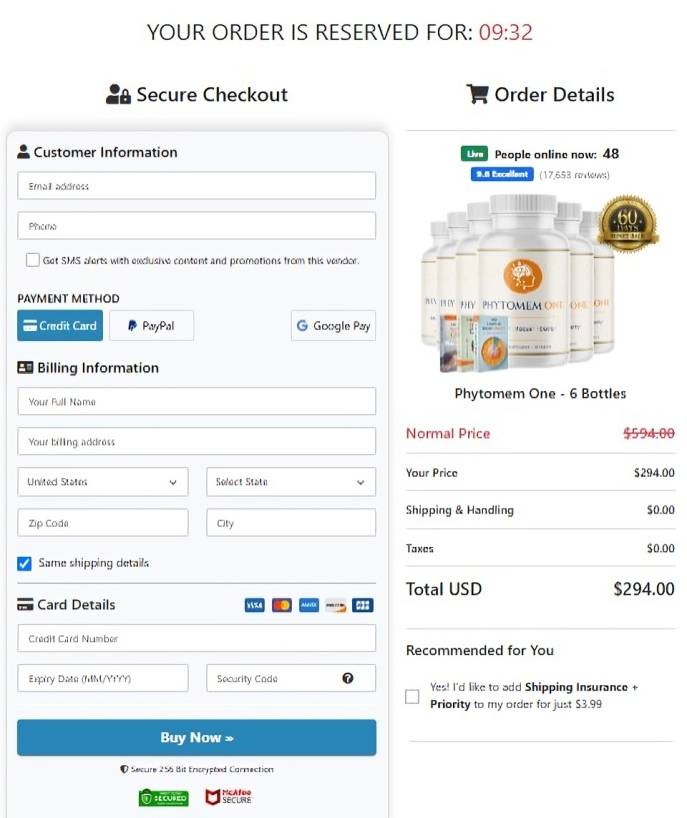 Phytomem One Secure Order Page — Checkout